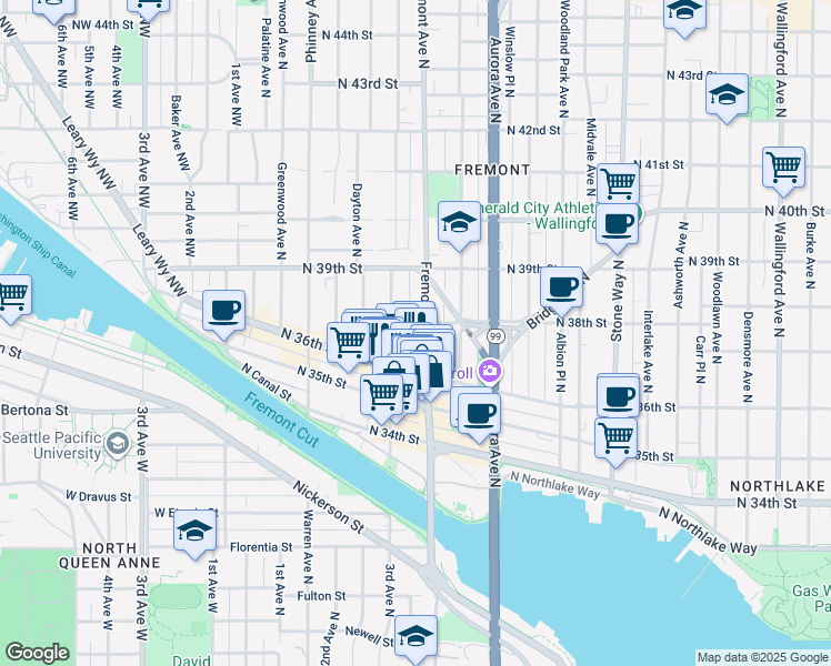 map of restaurants, bars, coffee shops, grocery stores, and more near 3635 Fremont Avenue North in Seattle