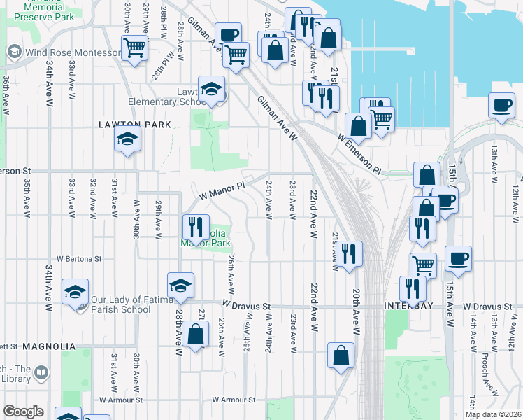 map of restaurants, bars, coffee shops, grocery stores, and more near 3601 24th Avenue West in Seattle