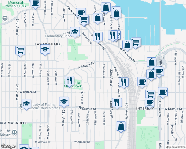 map of restaurants, bars, coffee shops, grocery stores, and more near 3451 24th Avenue West in Seattle