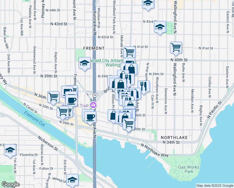 map of restaurants, bars, coffee shops, grocery stores, and more near 3648 Albion Place North in Seattle
