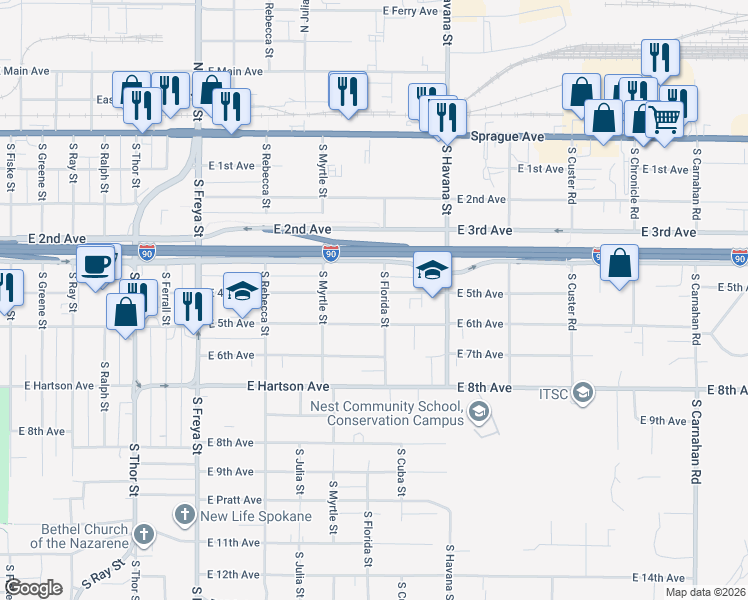 map of restaurants, bars, coffee shops, grocery stores, and more near 4103 East 5th Avenue in Spokane