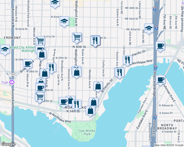 map of restaurants, bars, coffee shops, grocery stores, and more near 3703 Meridian Avenue North in Seattle