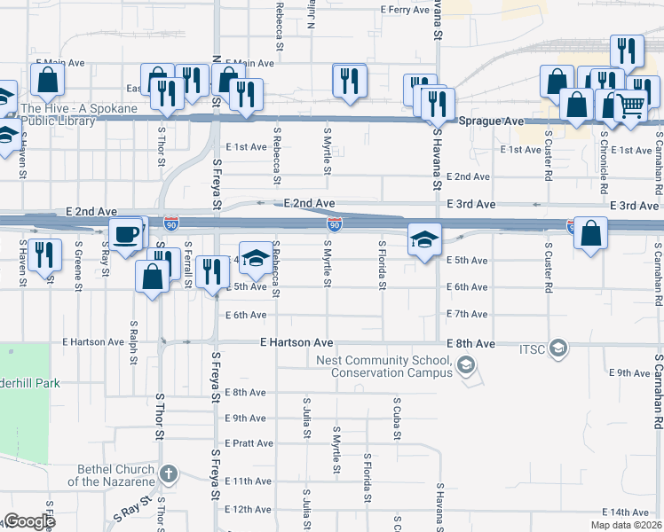 map of restaurants, bars, coffee shops, grocery stores, and more near 3923 East 5th Avenue in Spokane