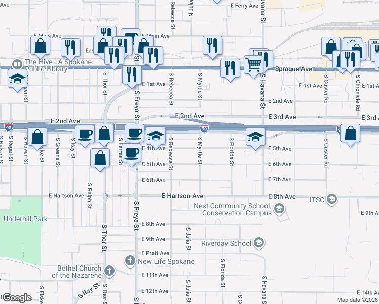 map of restaurants, bars, coffee shops, grocery stores, and more near 3923 East 5th Avenue in Spokane