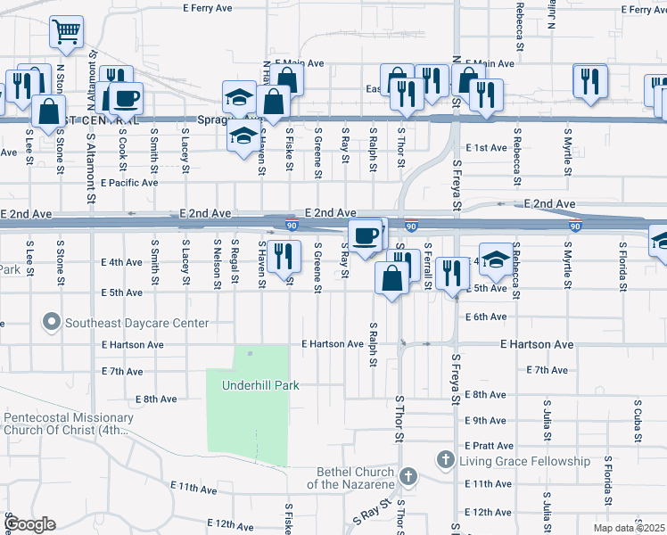 map of restaurants, bars, coffee shops, grocery stores, and more near 416 South Ray Street in Spokane