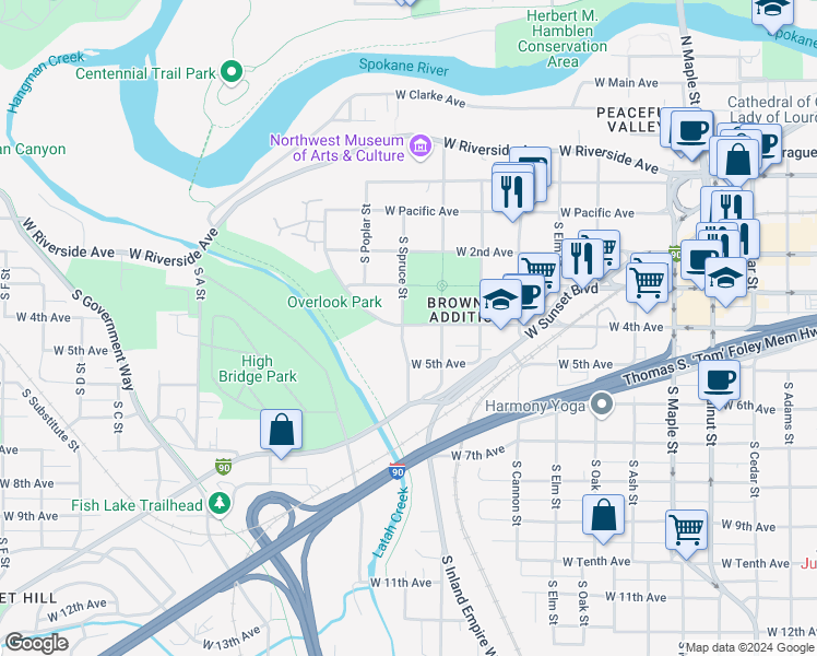 map of restaurants, bars, coffee shops, grocery stores, and more near 418 South Hemlock Street in Spokane