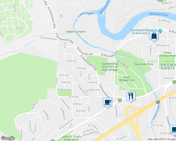 map of restaurants, bars, coffee shops, grocery stores, and more near 3202 West 5th Avenue in Spokane