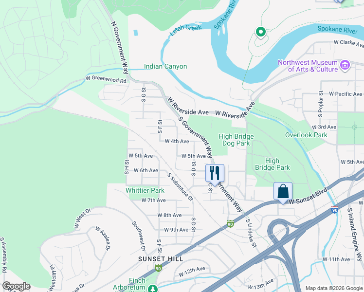 map of restaurants, bars, coffee shops, grocery stores, and more near 3305 West 5th Avenue in Spokane