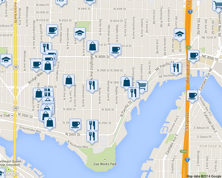 map of restaurants, bars, coffee shops, grocery stores, and more near 3703 Meridian Avenue North in Seattle