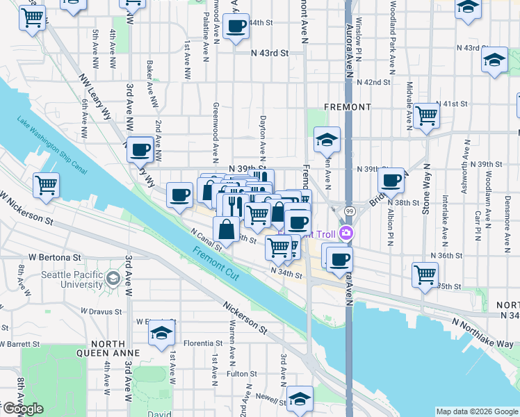 map of restaurants, bars, coffee shops, grocery stores, and more near 434 North 35th Street in Seattle