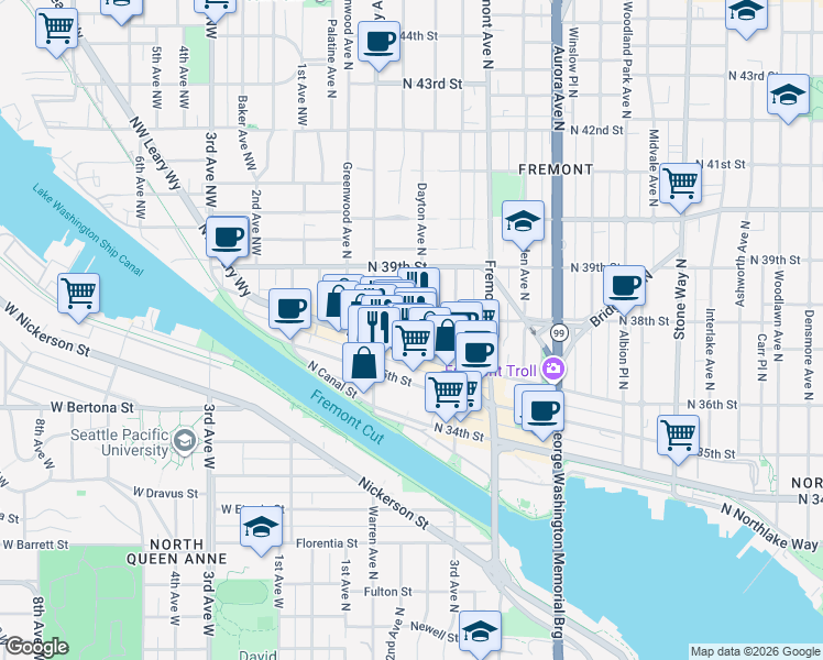 map of restaurants, bars, coffee shops, grocery stores, and more near 434 North 35th Street in Seattle
