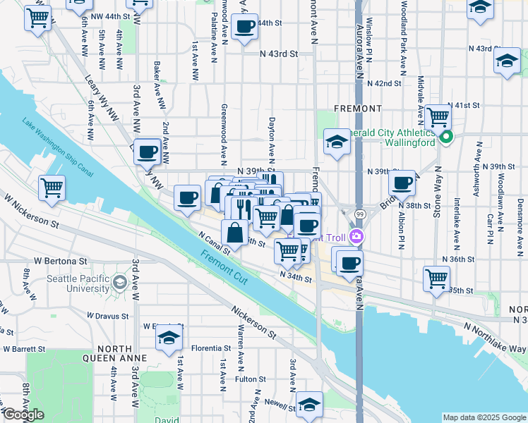 map of restaurants, bars, coffee shops, grocery stores, and more near 434 North 35th Street in Seattle