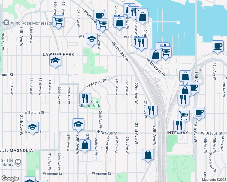 map of restaurants, bars, coffee shops, grocery stores, and more near 3451 24th Avenue West in Seattle