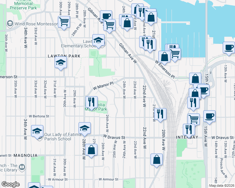 map of restaurants, bars, coffee shops, grocery stores, and more near 3451 24th Avenue West in Seattle