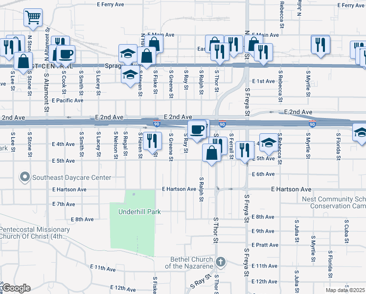 map of restaurants, bars, coffee shops, grocery stores, and more near 416 South Ray Street in Spokane