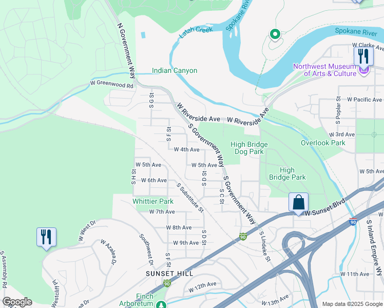 map of restaurants, bars, coffee shops, grocery stores, and more near 3305 West 5th Avenue in Spokane