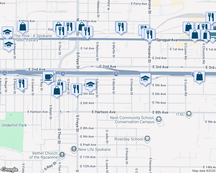 map of restaurants, bars, coffee shops, grocery stores, and more near 3923 East 5th Avenue in Spokane