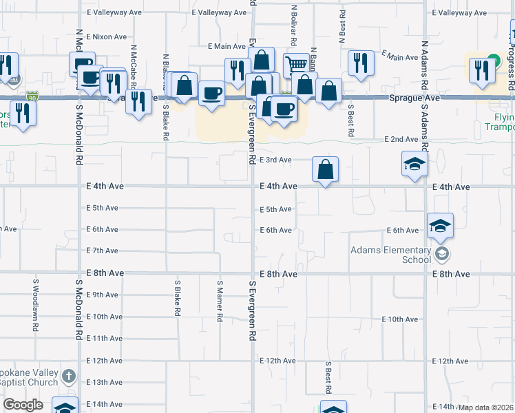 map of restaurants, bars, coffee shops, grocery stores, and more near 13913 East 6th Avenue in Spokane Valley