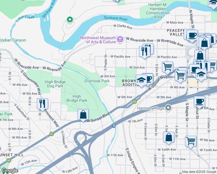map of restaurants, bars, coffee shops, grocery stores, and more near 416 South Coeur d'Alene Street in Spokane