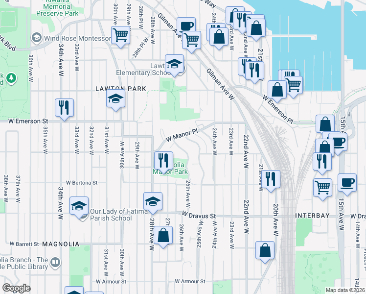 map of restaurants, bars, coffee shops, grocery stores, and more near 3530 27th Place West in Seattle