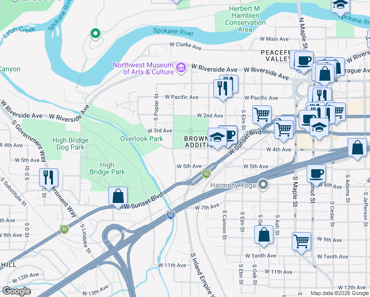 map of restaurants, bars, coffee shops, grocery stores, and more near 418 South Hemlock Street in Spokane