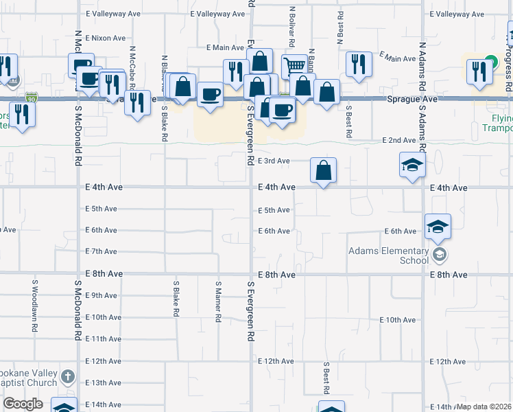map of restaurants, bars, coffee shops, grocery stores, and more near 13913 East 6th Avenue in Spokane Valley