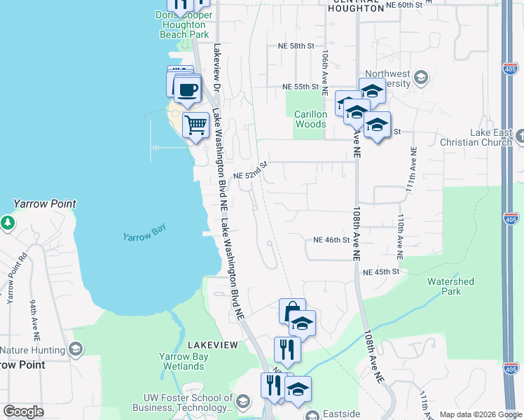 map of restaurants, bars, coffee shops, grocery stores, and more near 4822 102nd Lane Northeast in Kirkland