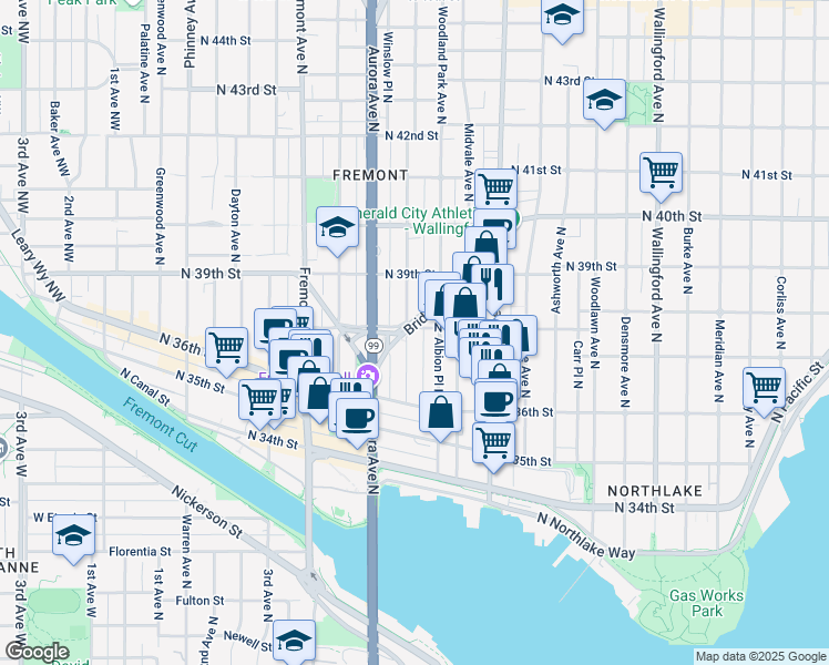 map of restaurants, bars, coffee shops, grocery stores, and more near 3659 Whitman Avenue North in Seattle