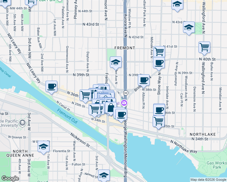 map of restaurants, bars, coffee shops, grocery stores, and more near 3625 Linden Avenue North in Seattle
