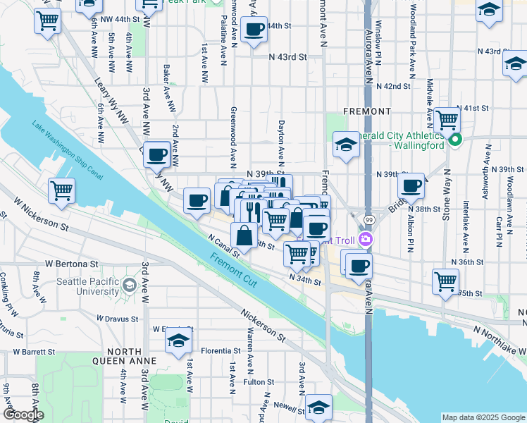 map of restaurants, bars, coffee shops, grocery stores, and more near 434 North 35th Street in Seattle