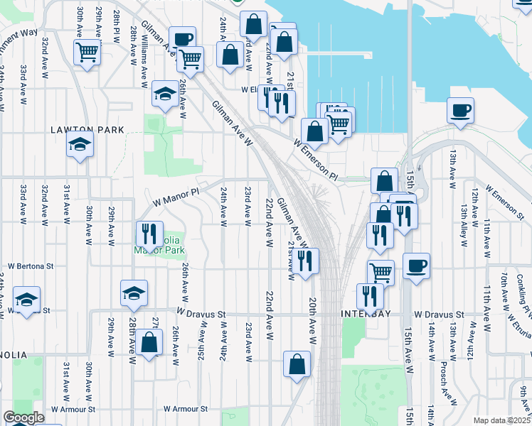 map of restaurants, bars, coffee shops, grocery stores, and more near in Seattle