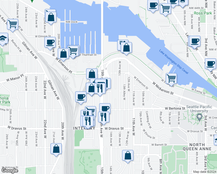 map of restaurants, bars, coffee shops, grocery stores, and more near 3435 15th Avenue West in Seattle