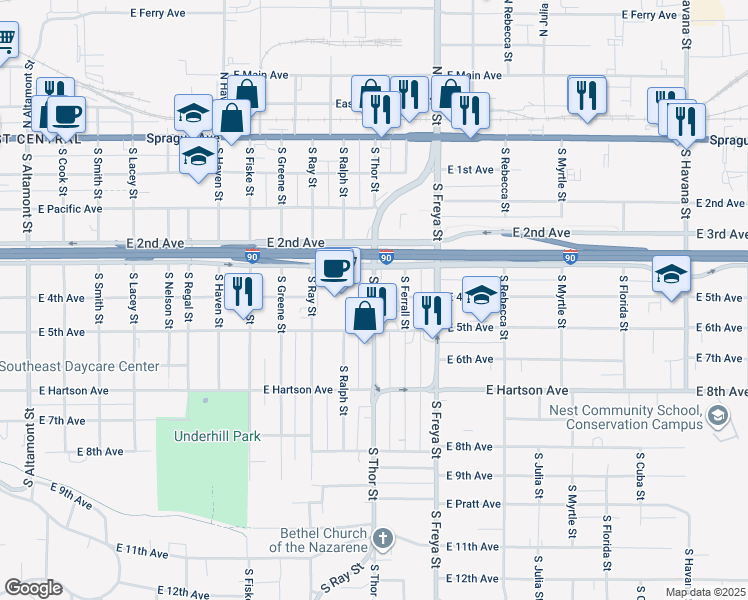 map of restaurants, bars, coffee shops, grocery stores, and more near 400 South Thor Street in Spokane