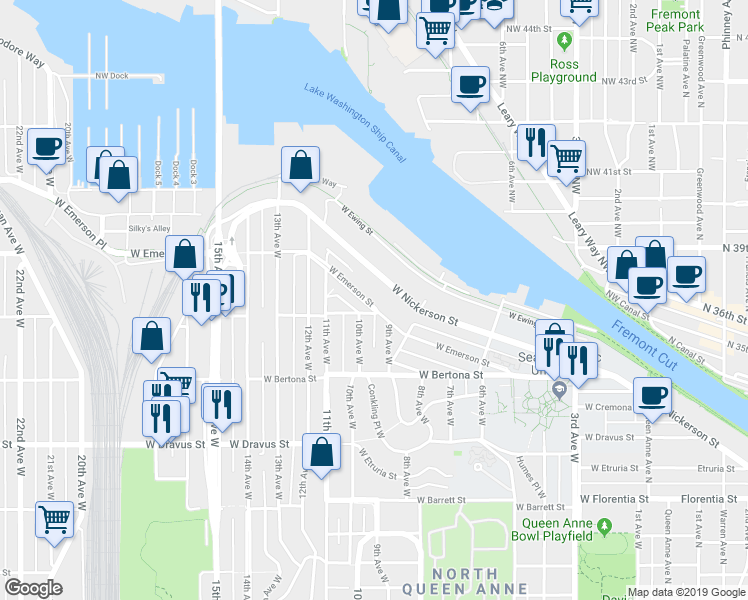 map of restaurants, bars, coffee shops, grocery stores, and more near 918 West Emerson Street in Seattle