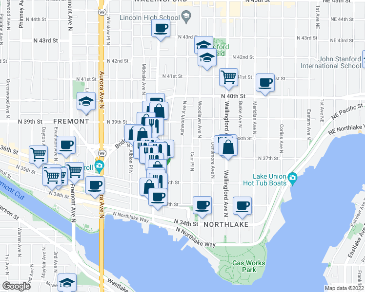 map of restaurants, bars, coffee shops, grocery stores, and more near Ashworth Ave N & N 38th St in Seattle