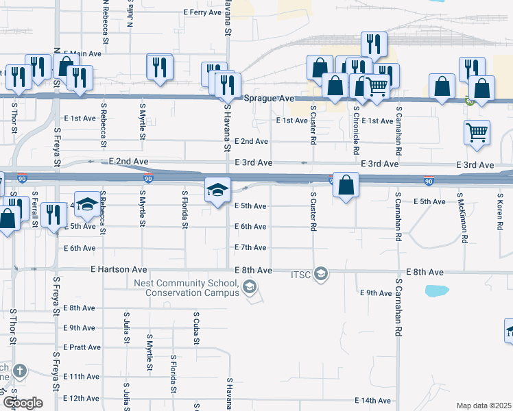map of restaurants, bars, coffee shops, grocery stores, and more near 4413 East 6th Avenue in Spokane Valley