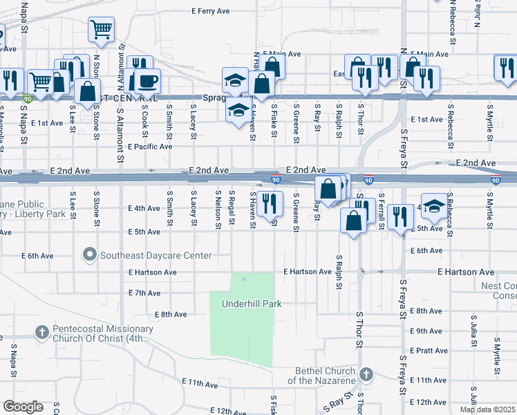 map of restaurants, bars, coffee shops, grocery stores, and more near 424 South Fiske Street in Spokane