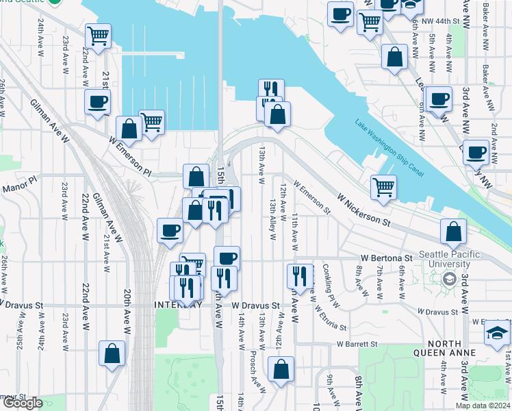 map of restaurants, bars, coffee shops, grocery stores, and more near 3456 14th Avenue West in Seattle