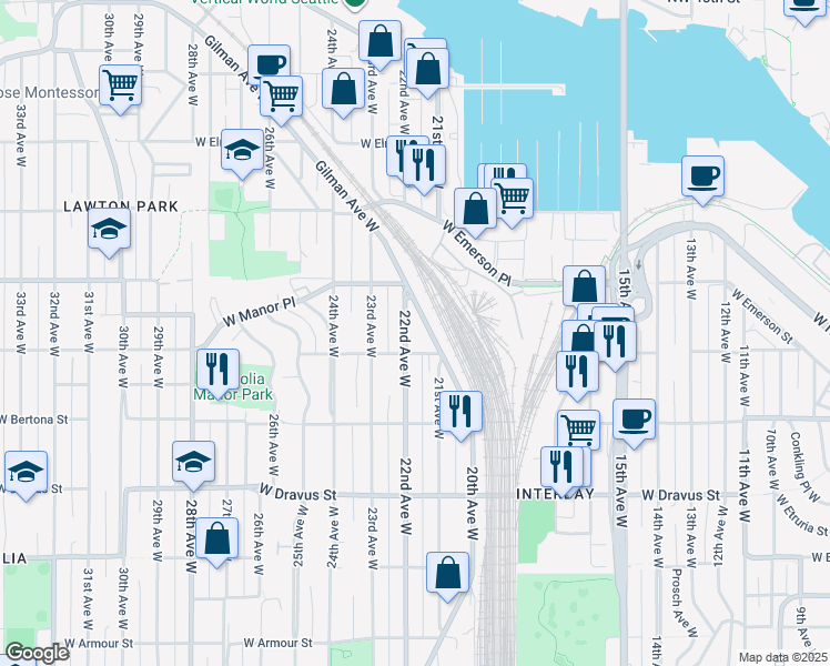 map of restaurants, bars, coffee shops, grocery stores, and more near in Seattle