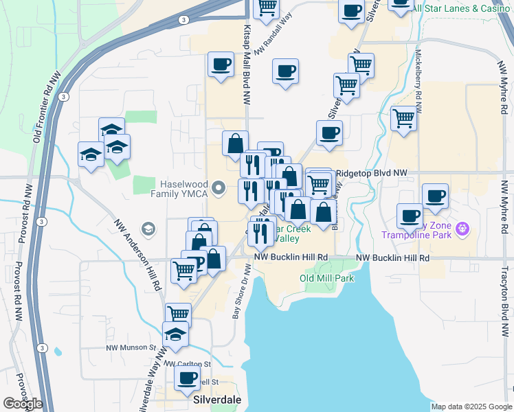 map of restaurants, bars, coffee shops, grocery stores, and more near 9701 Silverdale Way Northwest in Silverdale