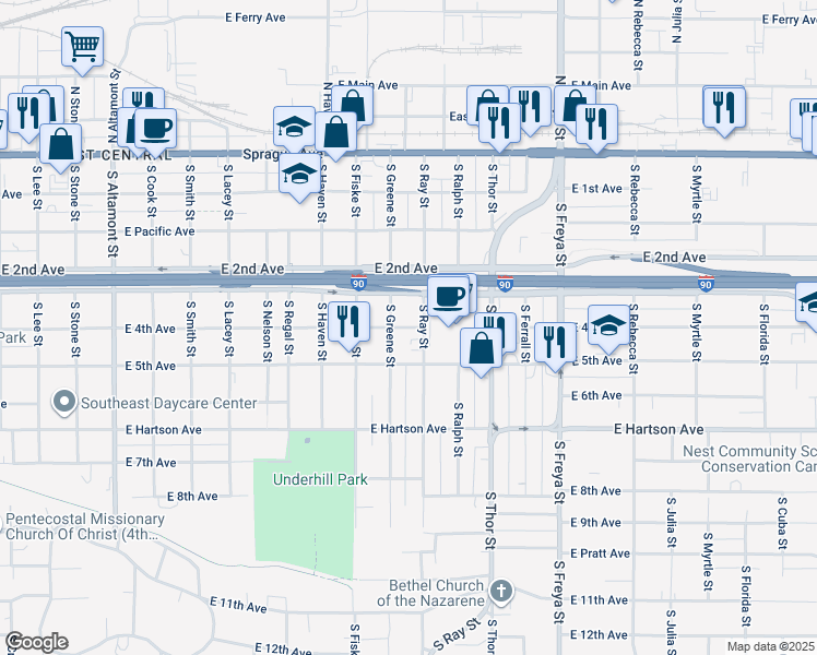 map of restaurants, bars, coffee shops, grocery stores, and more near 3216 East 4th Avenue in Spokane
