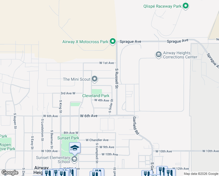 map of restaurants, bars, coffee shops, grocery stores, and more near 12417 West Tower Avenue in Airway Heights