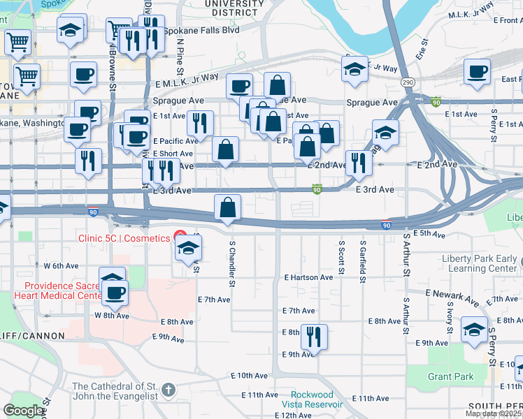 map of restaurants, bars, coffee shops, grocery stores, and more near in Spokane