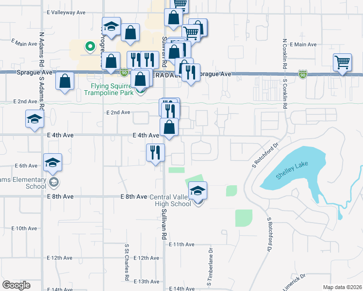 map of restaurants, bars, coffee shops, grocery stores, and more near 511 S Sullivan Rd in Spokane