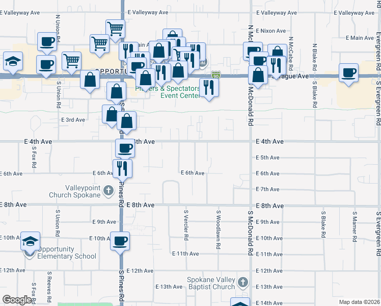 map of restaurants, bars, coffee shops, grocery stores, and more near 12710 East 4th Avenue in Spokane Valley