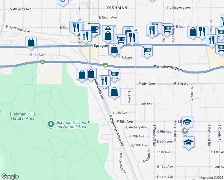 map of restaurants, bars, coffee shops, grocery stores, and more near 9423 East 4th Avenue in Spokane Valley
