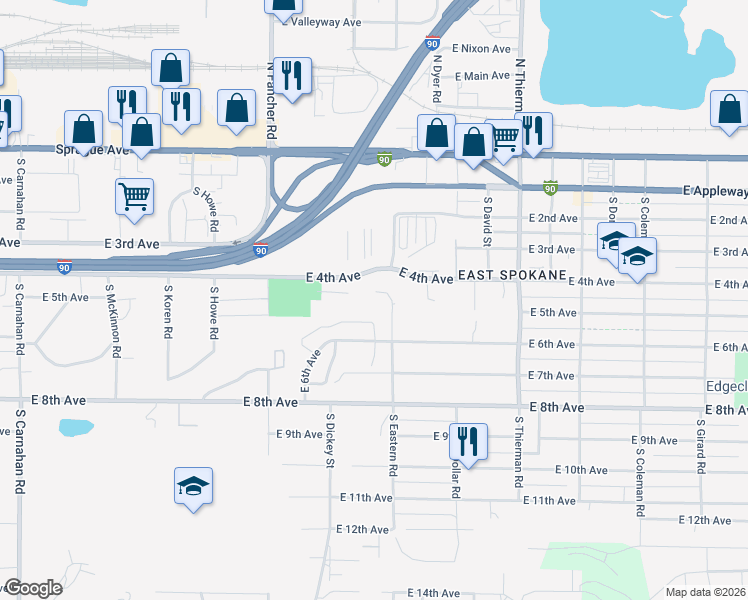 map of restaurants, bars, coffee shops, grocery stores, and more near 402 South Eastern Road in Spokane Valley