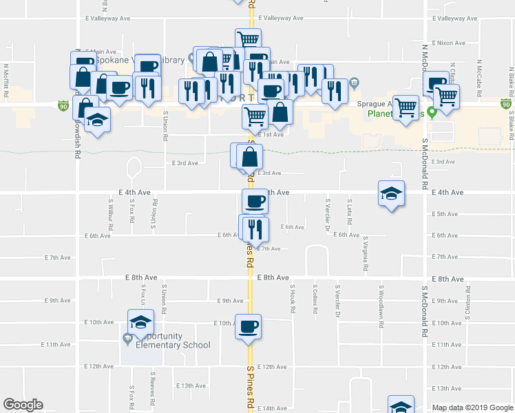 map of restaurants, bars, coffee shops, grocery stores, and more near 417 South Pines Road in Spokane Valley