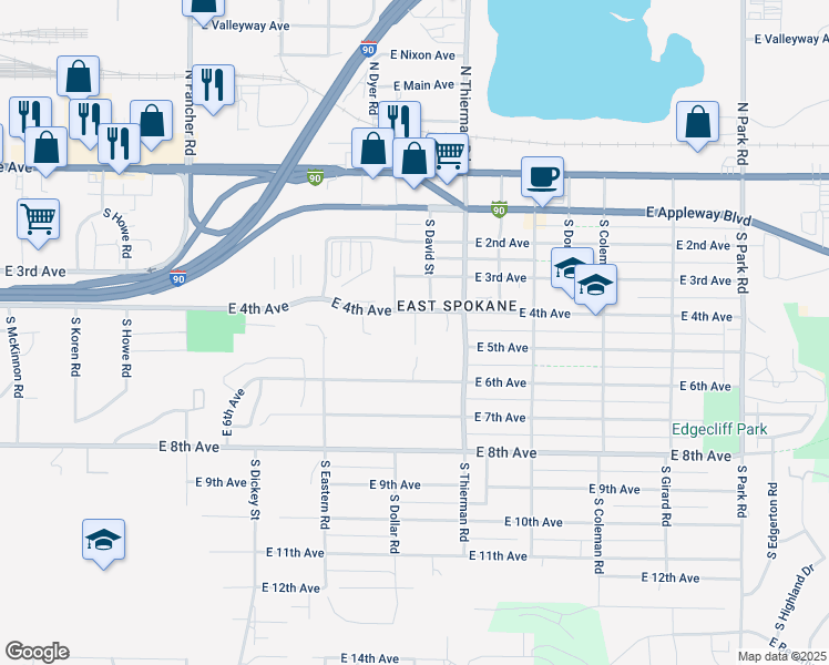 map of restaurants, bars, coffee shops, grocery stores, and more near 6517 East 4th Avenue in Spokane Valley