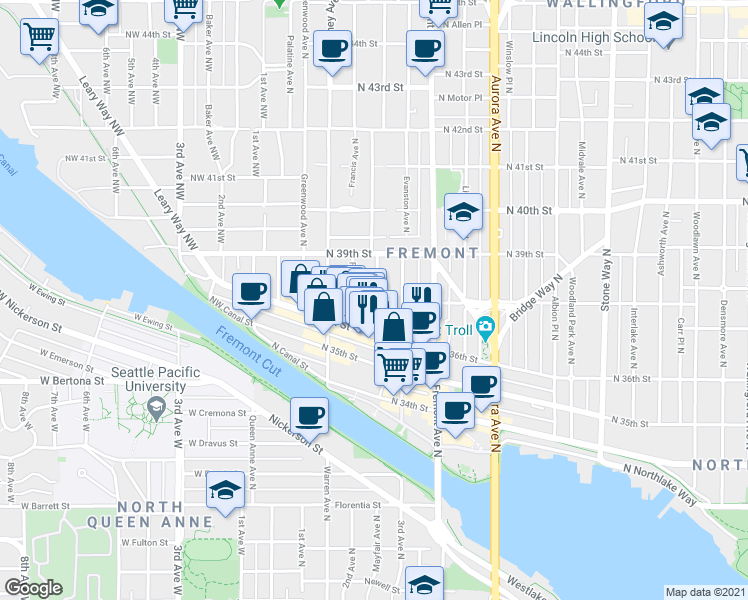 map of restaurants, bars, coffee shops, grocery stores, and more near 3658 Dayton Avenue North in Seattle
